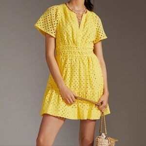 Anthropologie The Somerset Mini Dress: Eyelet Edition Yellow Buttery Sz Med